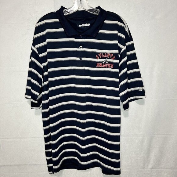 Atlanta Braves Men's Polo Shirt Navy Blue Striped Embroidery Logo Sz XL (46-48) - Picture 1 of 5